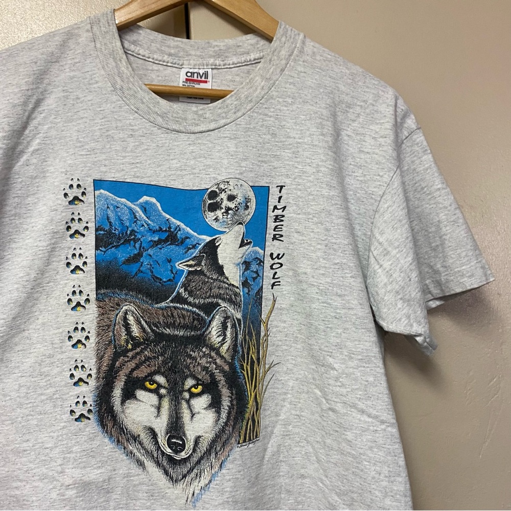 Vtg 90’s T Shirt  Timber Wolf Moon Size L  Anvil Alaska Single Stitch Grey Howl